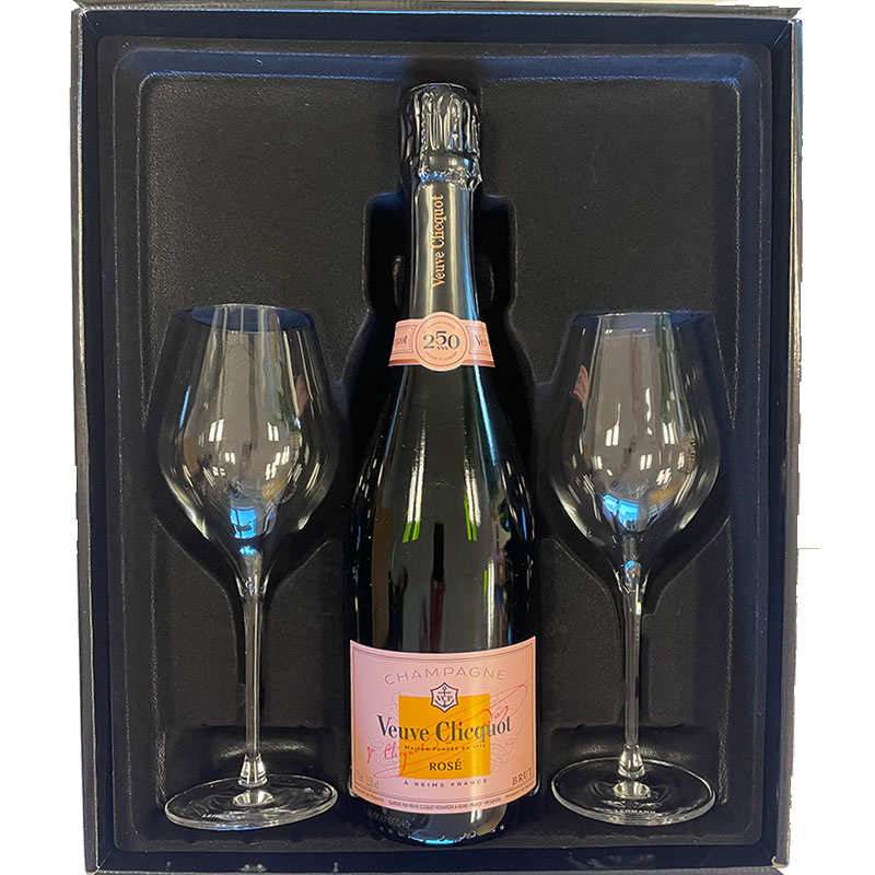 Champagne Veuve Clicquot Rosé 75CL in nette zwarte Geschenkbox met glazen